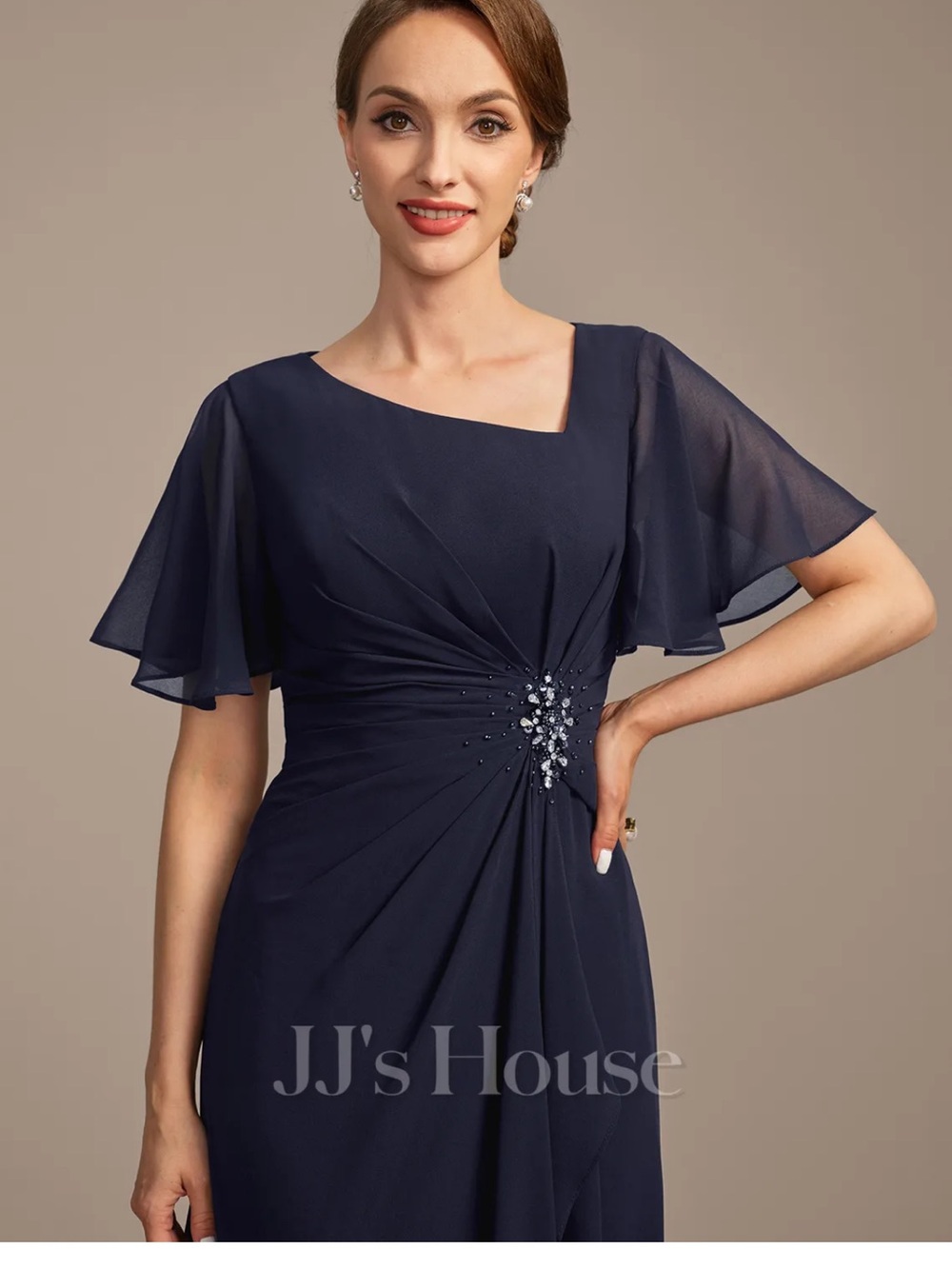 JJs House Navy One-Shoulder Evening Dress with Beaded Accent